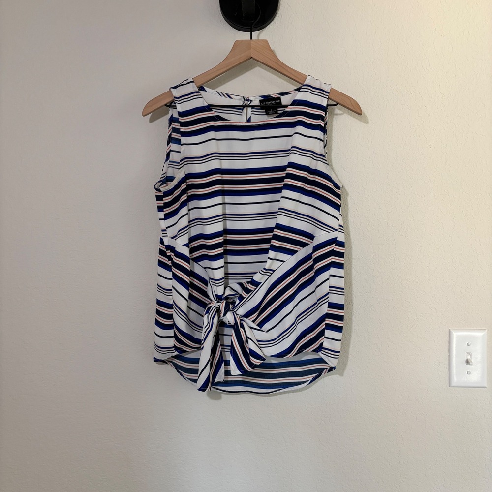Liz Claiborne Blouse Career Small Tie Front Striped Blue White Preppy